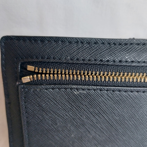 Kate Spade Bifold Rhinestone Bow Black Leather Wallet Snap Button Zip - Picture 2 of 13